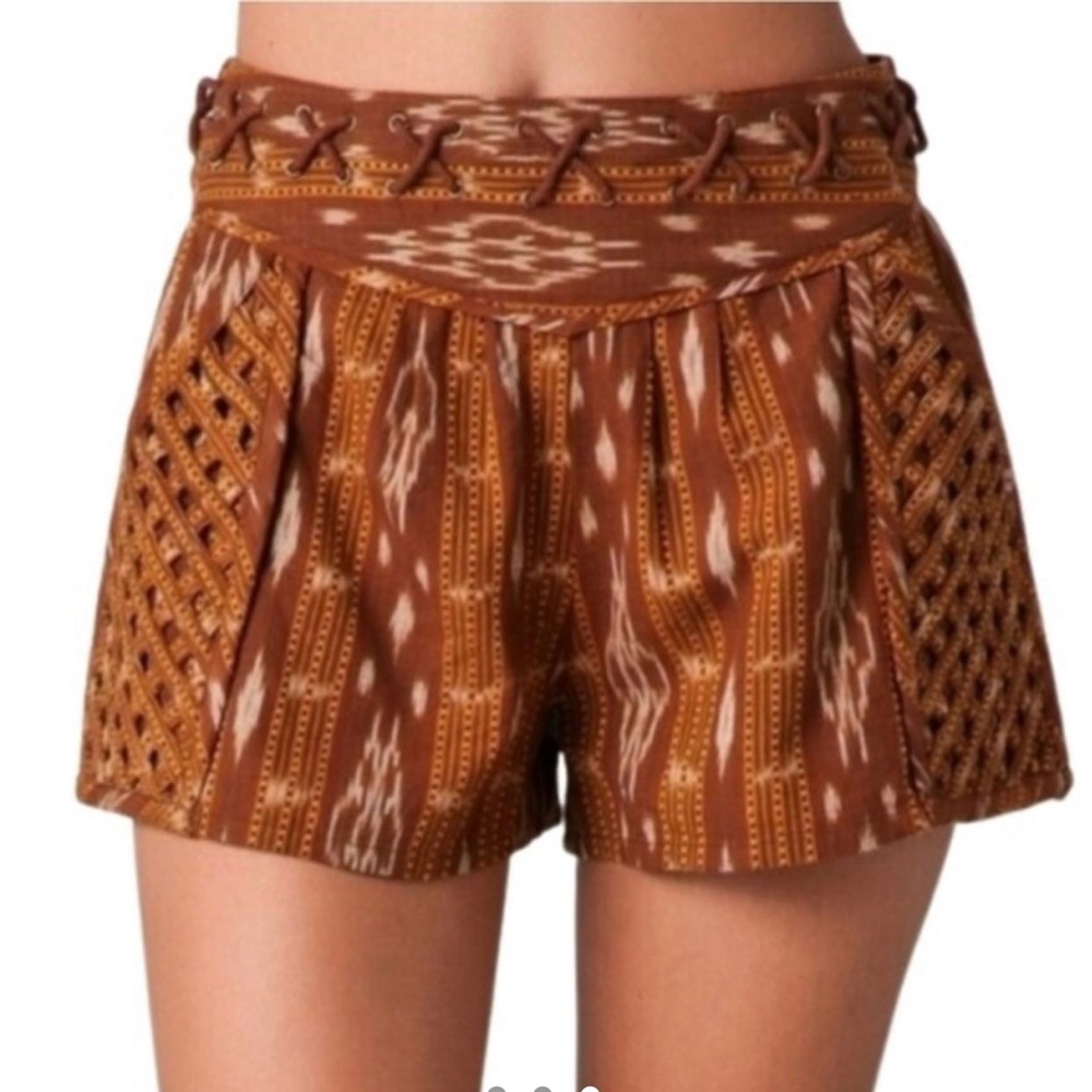 SOLD •$128 Free People New Romantics Brown Tribal Lattice Shorts - Picture 1 of 12
